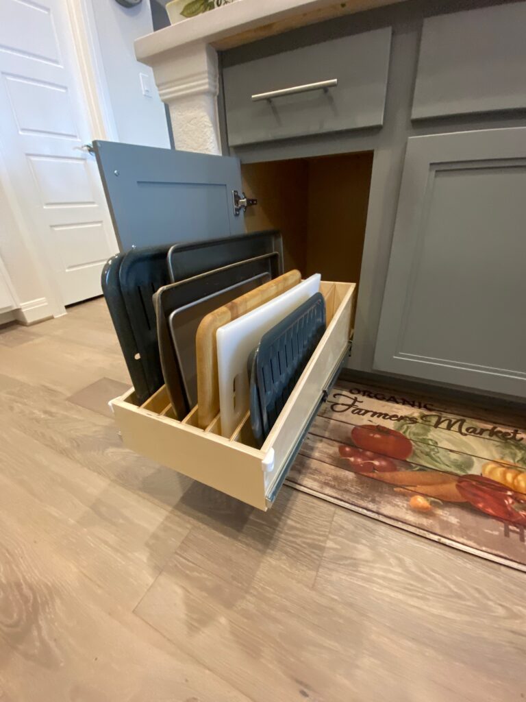 Sloped Pullout Shelf Baking Sheet Storage